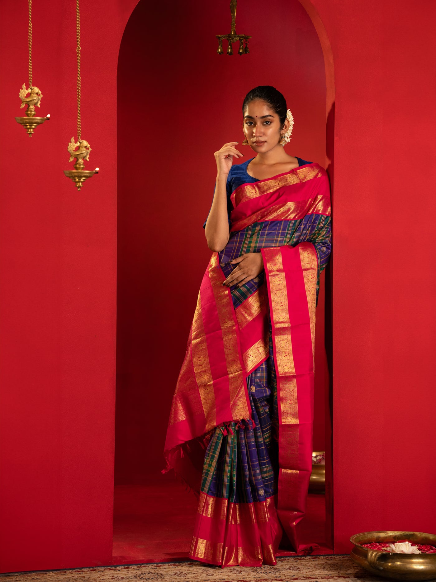 Blue and pink multi checks pure zari Kanchipuram silk saree