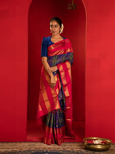 Blue and pink multi checks pure zari Kanchipuram silk saree