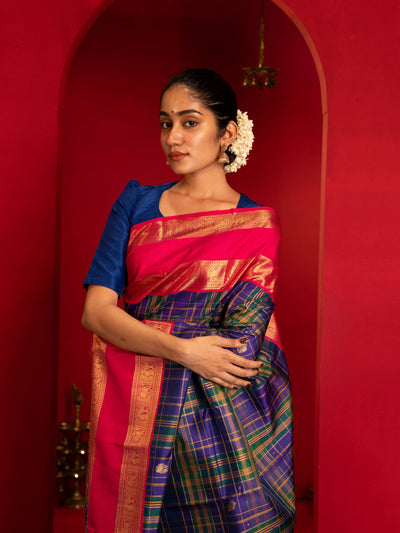 Blue and pink multi checks pure zari Kanchipuram silk saree