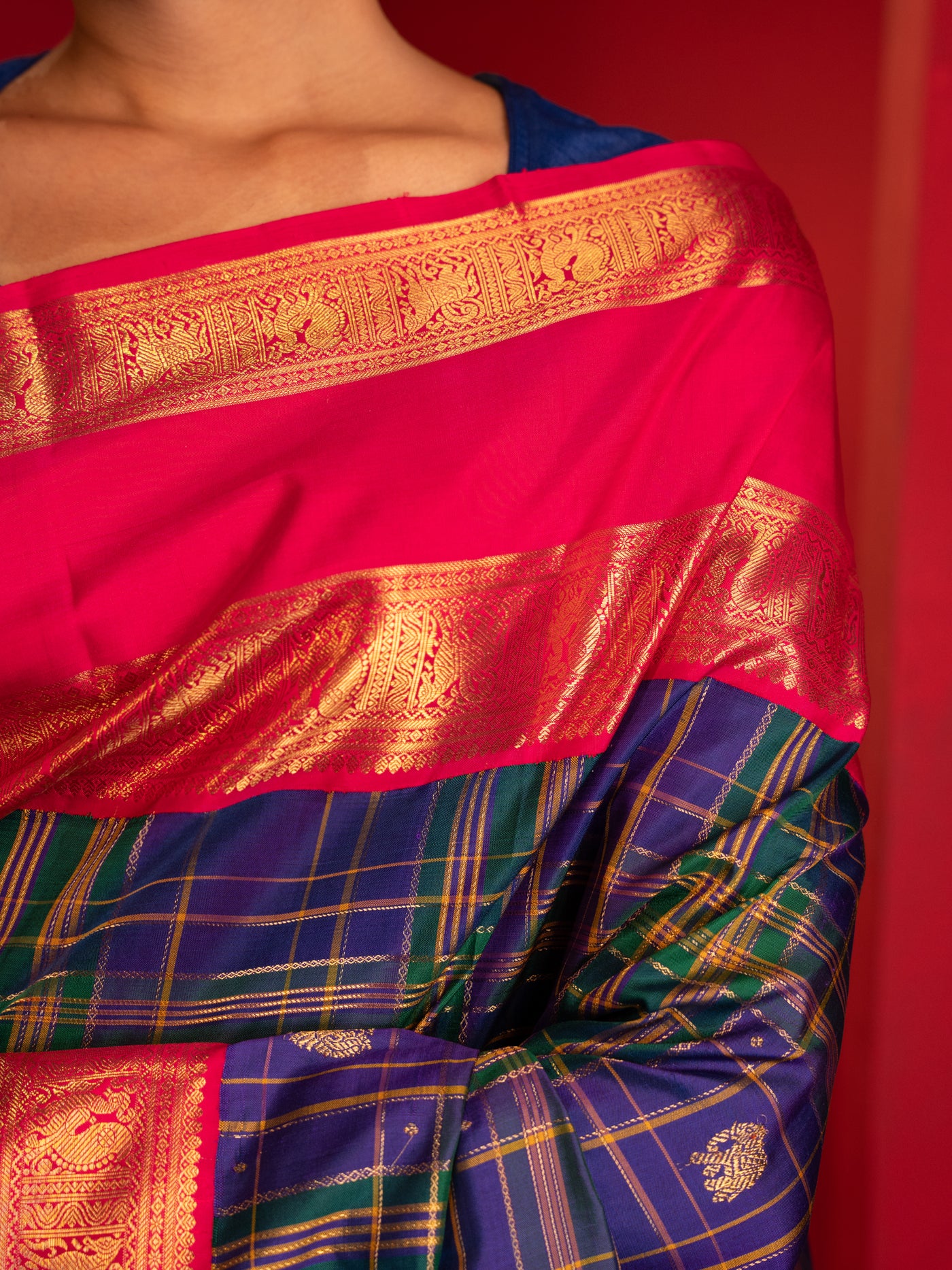 Blue and pink multi checks pure zari Kanchipuram silk saree