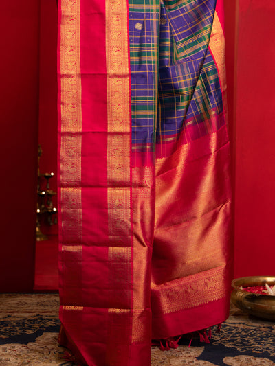 Blue and pink multi checks pure zari Kanchipuram silk saree