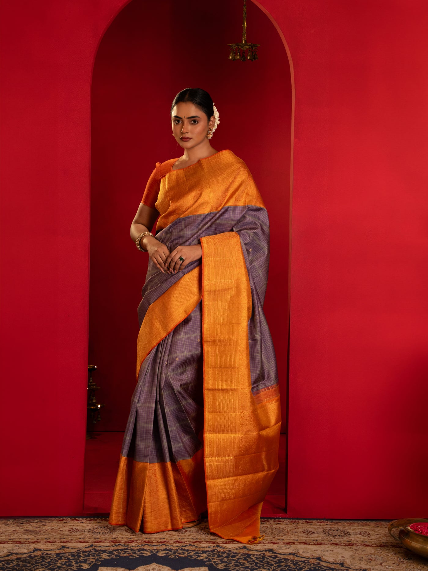 Lilac purple and orange pure zari Kanchipuram silk saree