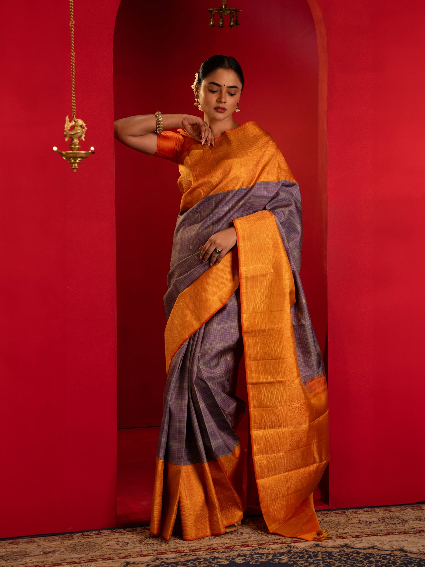 Lilac purple and orange pure zari Kanchipuram silk saree