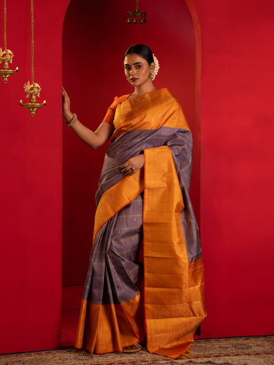 Lilac purple and orange pure zari Kanchipuram silk saree