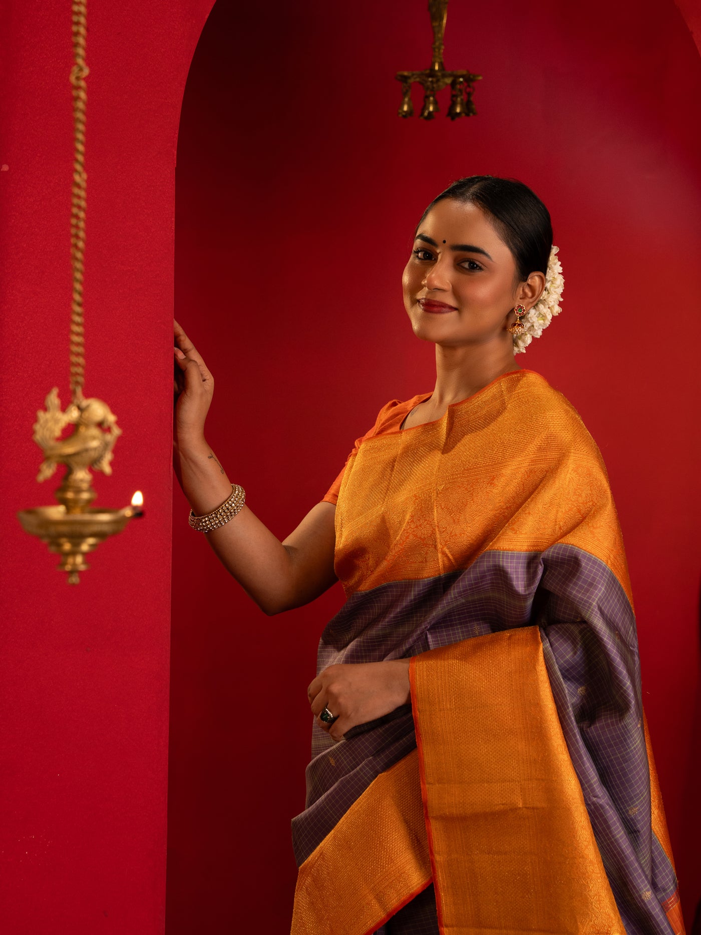 Lilac purple and orange pure zari Kanchipuram silk saree