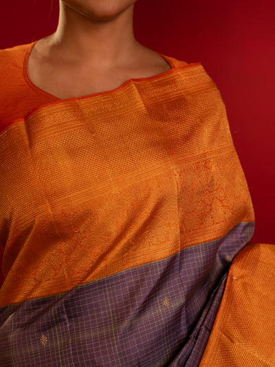 Lilac purple and orange pure zari Kanchipuram silk saree