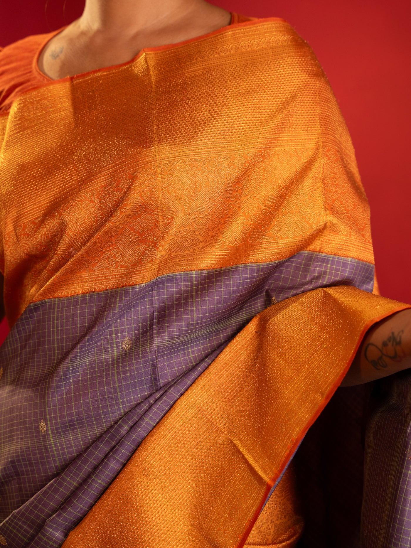 Lilac purple and orange pure zari Kanchipuram silk saree