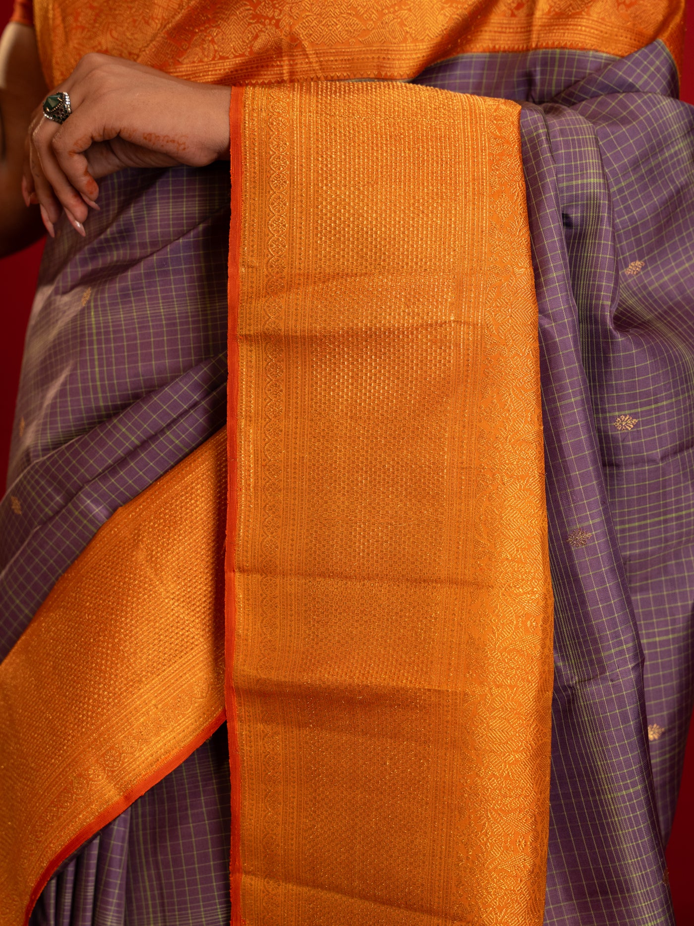 Lilac purple and orange pure zari Kanchipuram silk saree