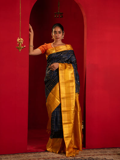 Dark blue and mustard pure zari korvai Kanchipuram silk saree