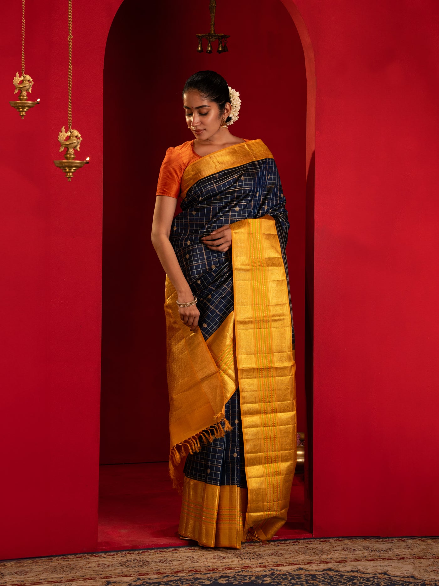 Dark blue and mustard pure zari korvai Kanchipuram silk saree