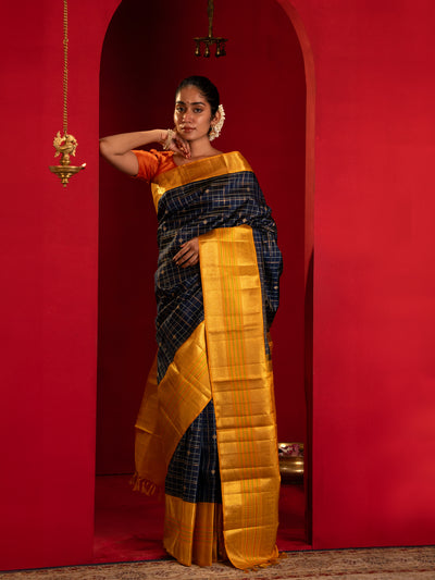 Dark blue and mustard pure zari korvai Kanchipuram silk saree