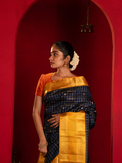 Dark blue and mustard pure zari korvai Kanchipuram silk saree