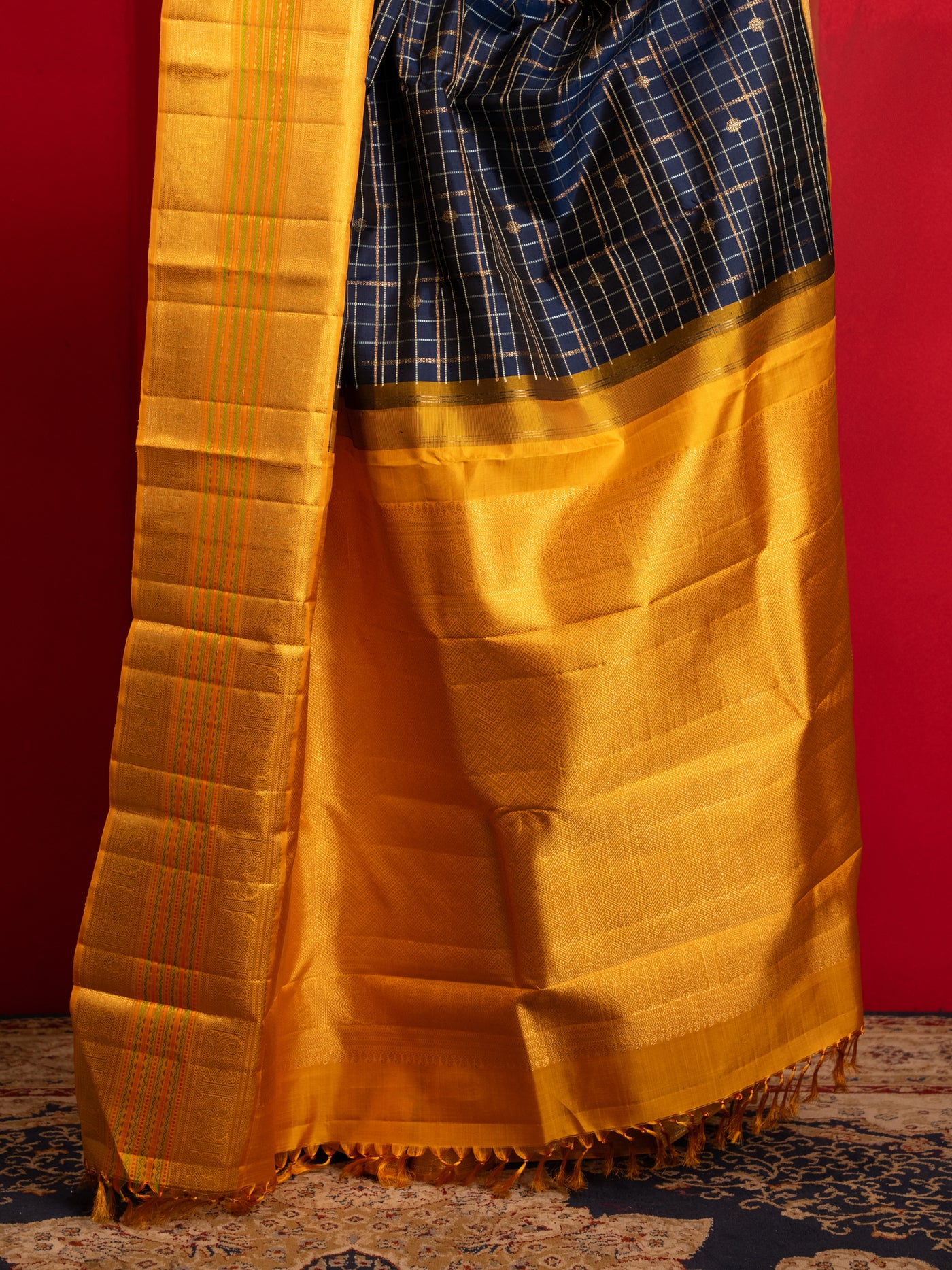 Dark blue and mustard pure zari korvai Kanchipuram silk saree