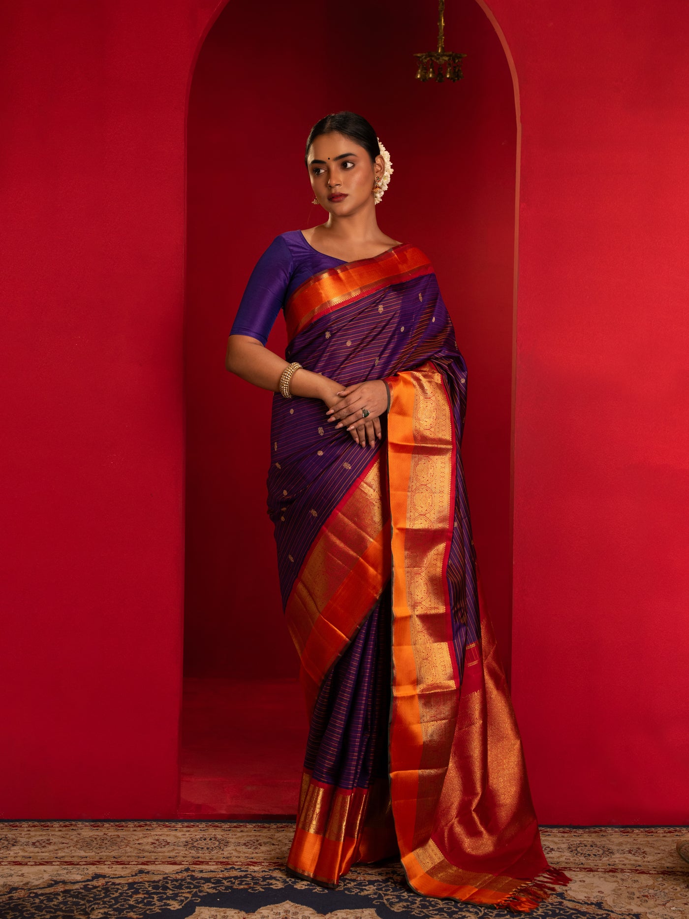 Indigo violet and orange multi stripes pure zari Kanchipuram silk saree