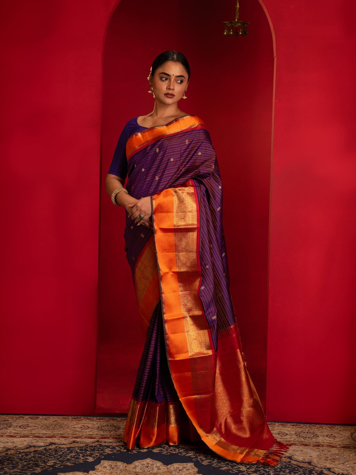 Indigo violet and orange multi stripes pure zari Kanchipuram silk saree