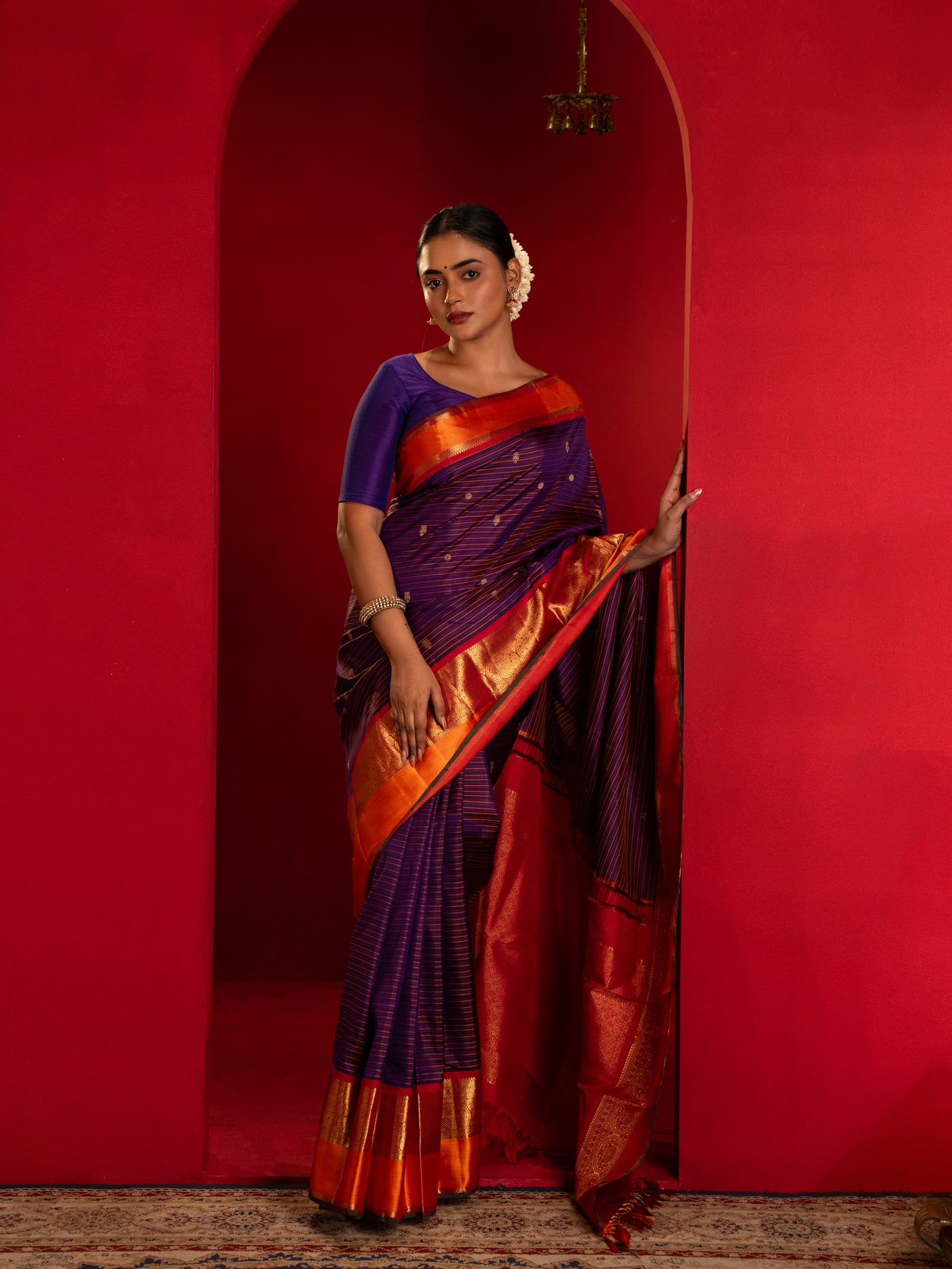 Indigo violet and orange multi stripes pure zari Kanchipuram silk saree