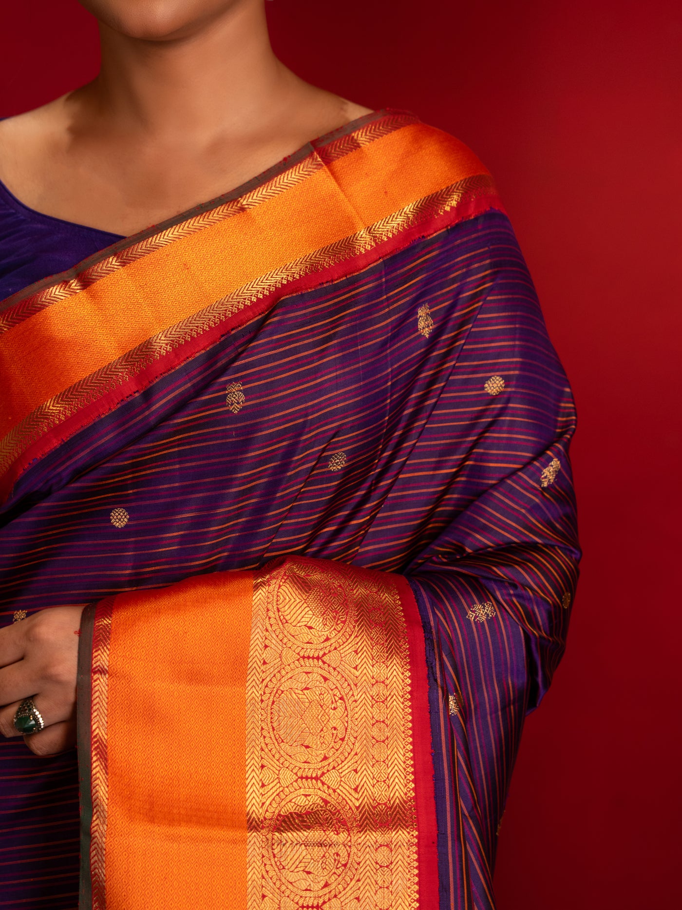 Indigo violet and orange multi stripes pure zari Kanchipuram silk saree