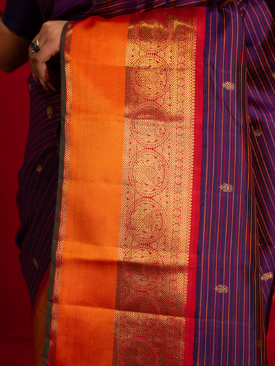 Indigo violet and orange multi stripes pure zari Kanchipuram silk saree