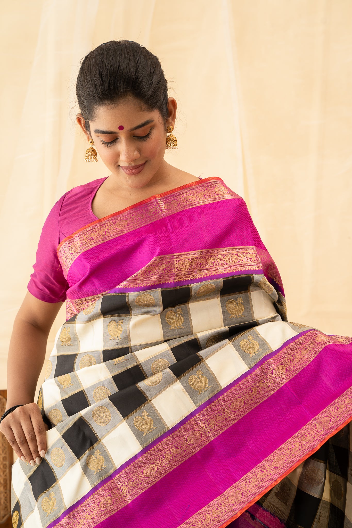 Black and White Veldhari Checks Pure Zari Kanchipuram Silk Saree - Clio Silks