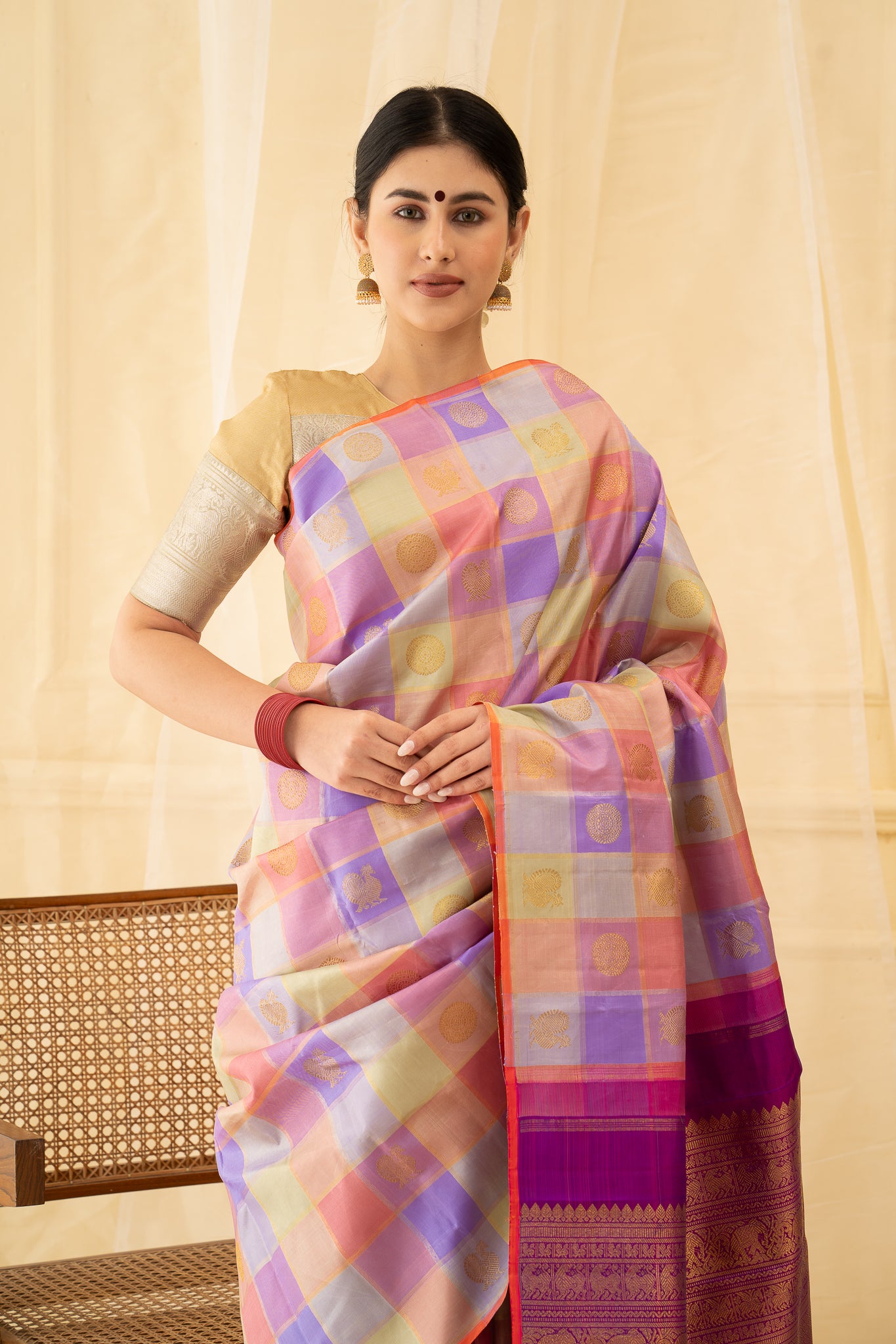 Pastel Veldhari Checks Pure Zari Kanchipuram Silk Saree - Clio Silks