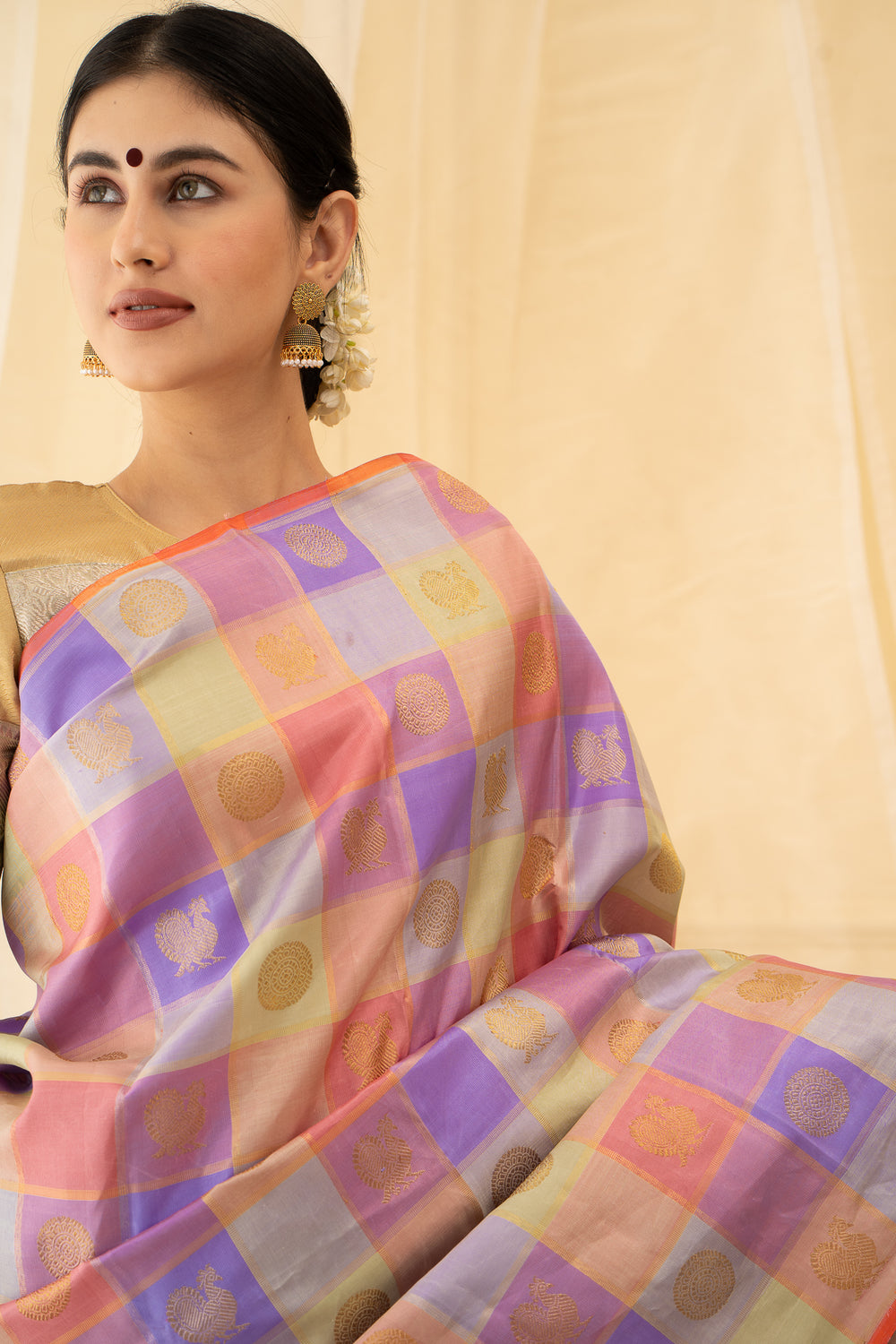 Pastel Veldhari Checks Pure Zari Kanchipuram Silk Saree - Clio Silks