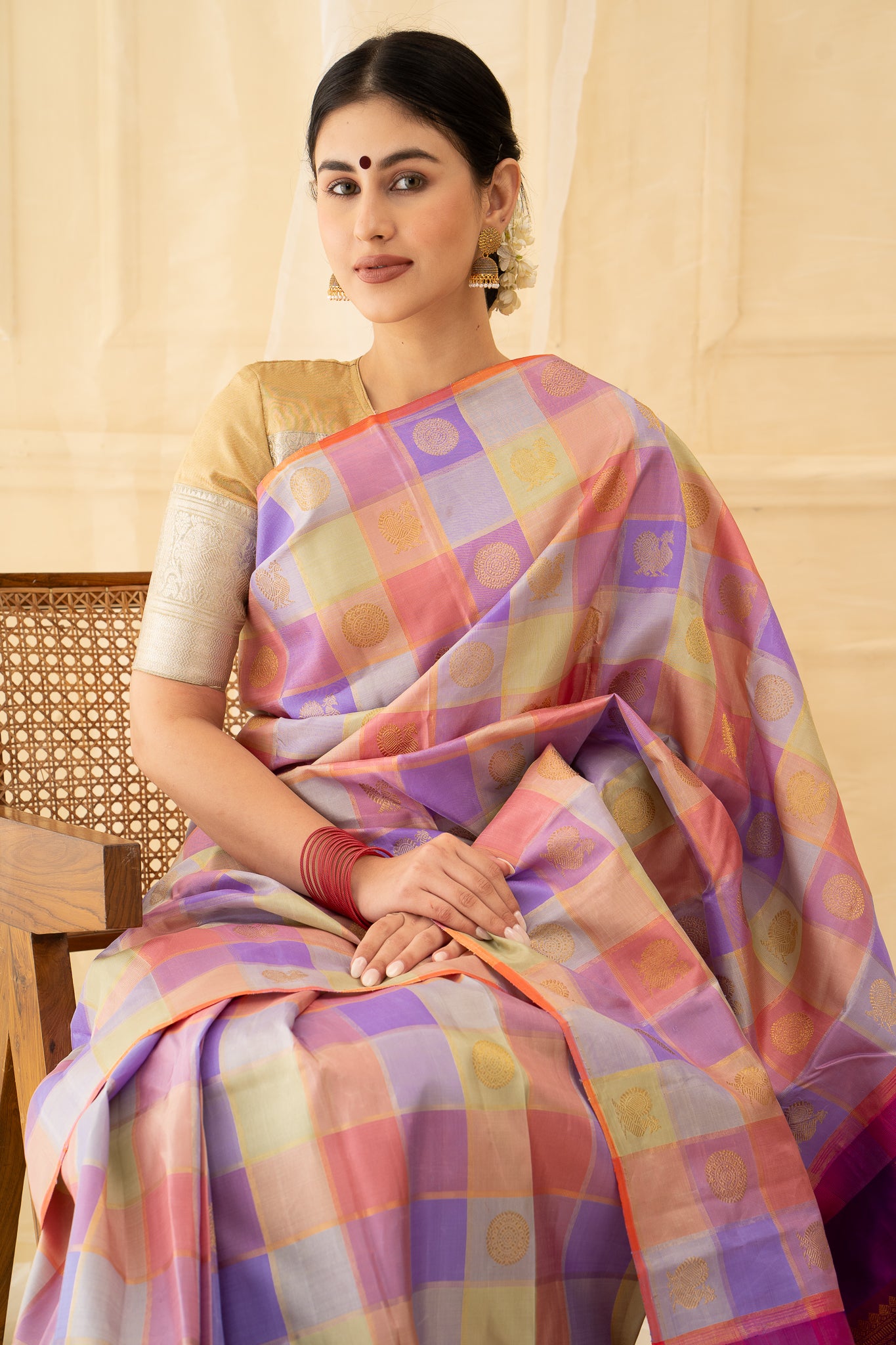 Pastel Veldhari Checks Pure Zari Kanchipuram Silk Saree - Clio Silks