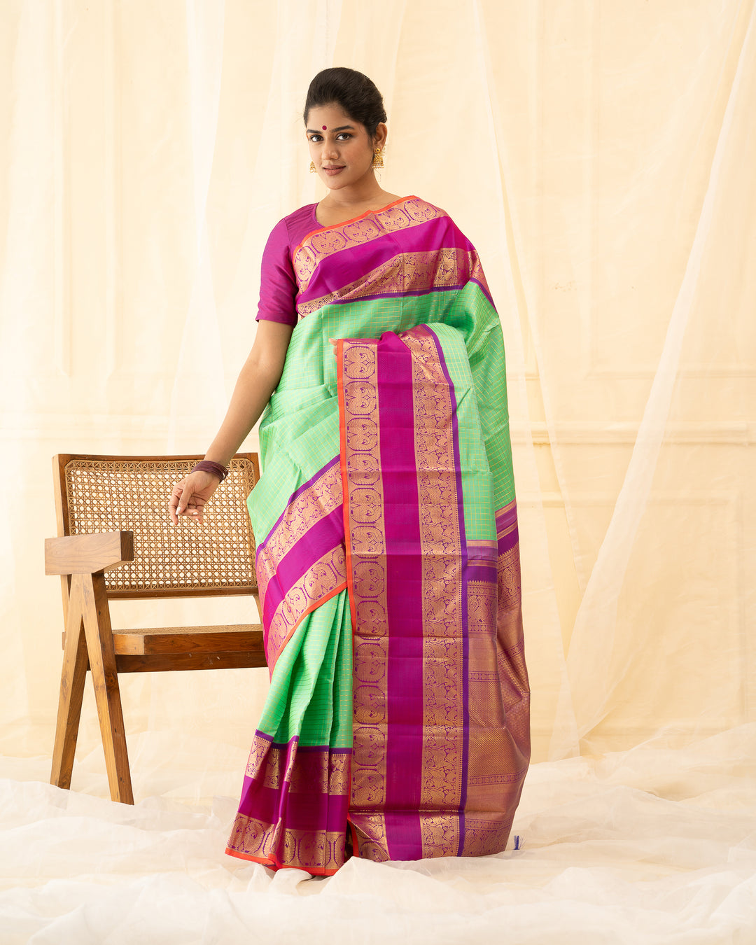 Cyan Green Pure Zari Checks Kanchipuram Silk Saree - Clio Silks