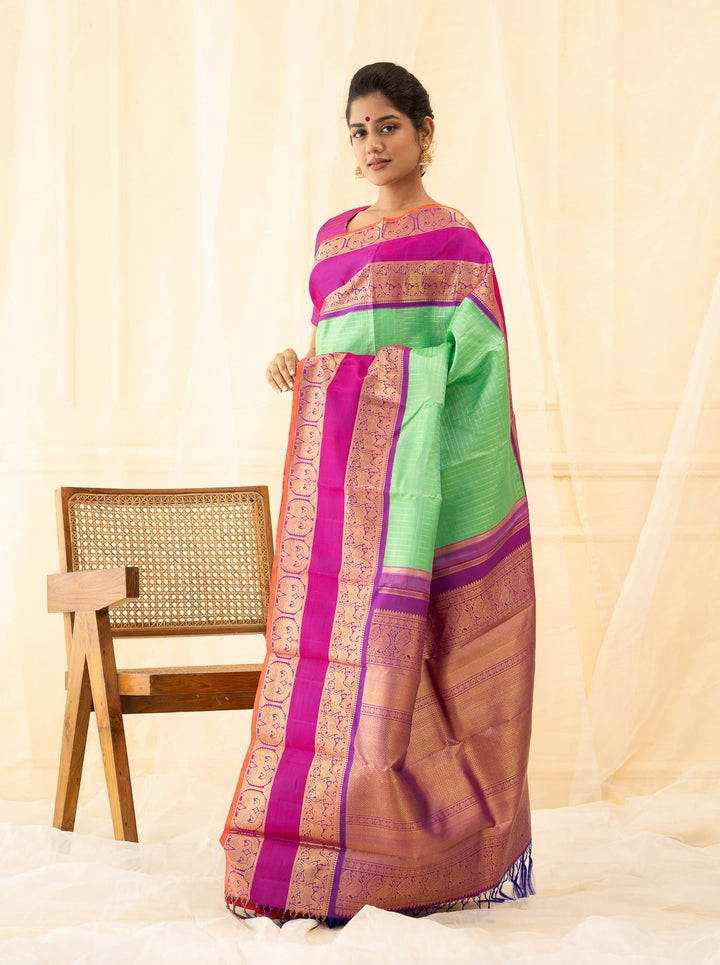 Cyan Green Pure Zari Checks Kanchipuram Silk Saree - Clio Silks