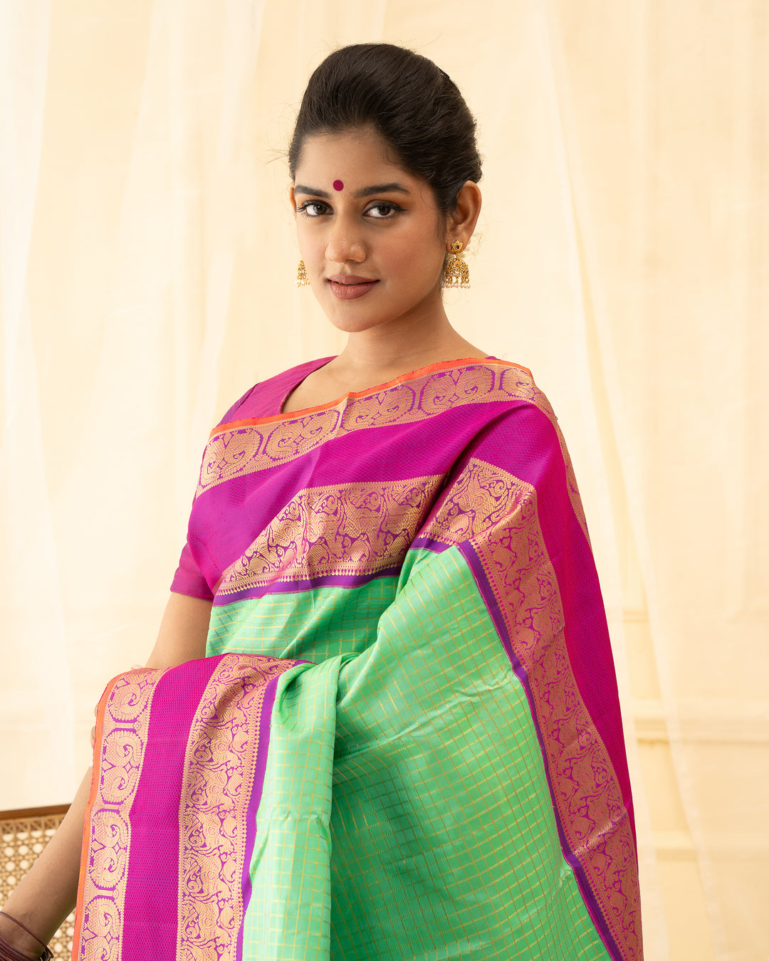 Cyan Green Pure Zari Checks Kanchipuram Silk Saree - Clio Silks
