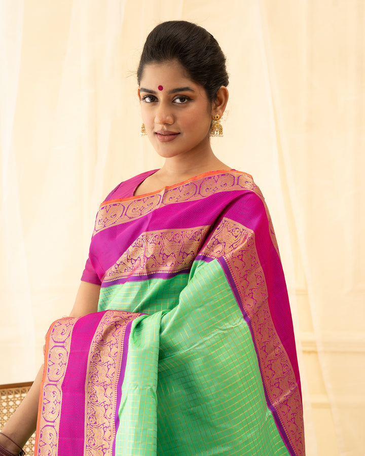 Cyan Green Pure Zari Checks Kanchipuram Silk Saree - Clio Silks