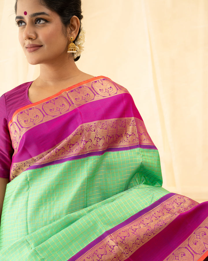 Cyan Green Pure Zari Checks Kanchipuram Silk Saree - Clio Silks