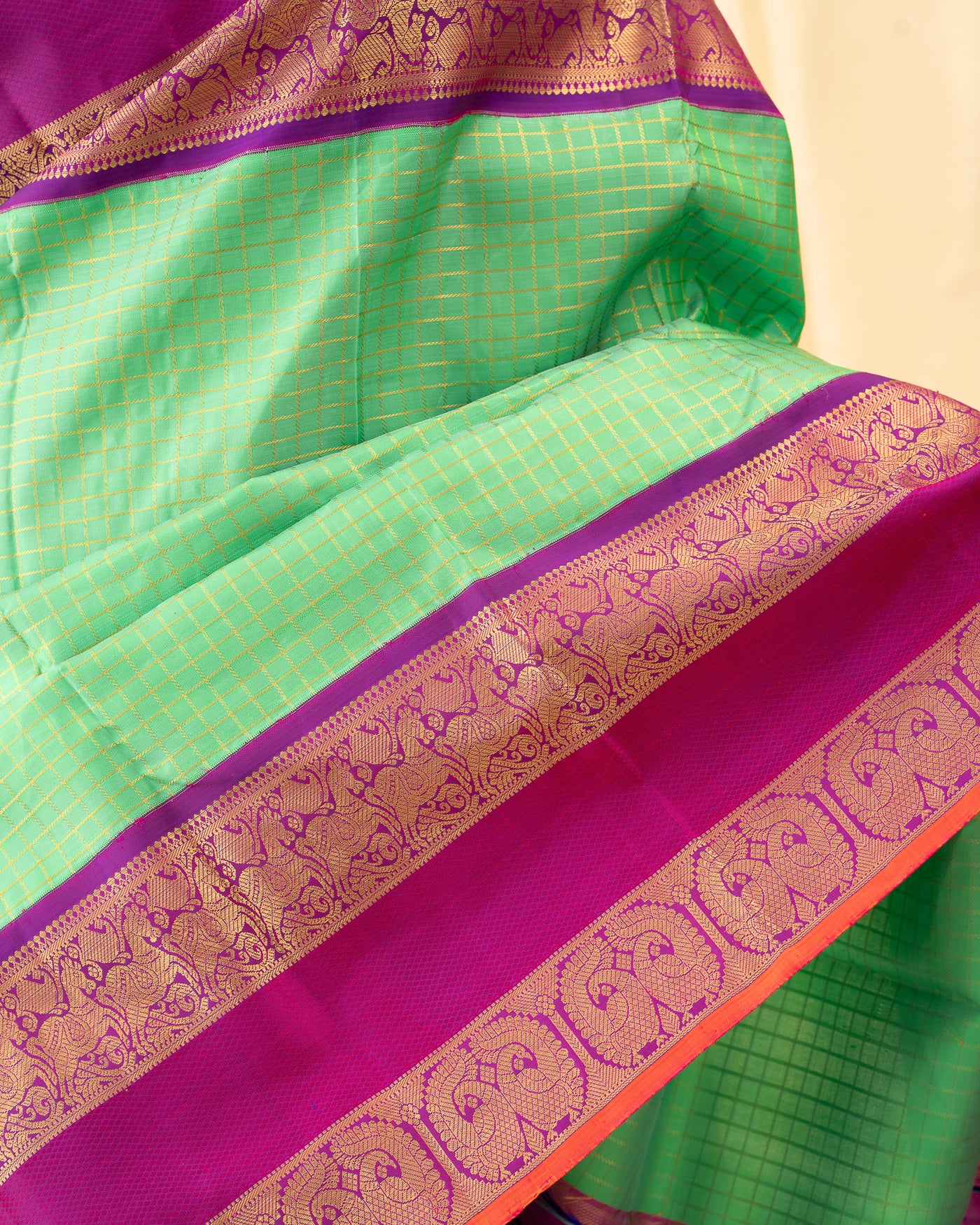 Cyan Green Pure Zari Checks Kanchipuram Silk Saree - Clio Silks