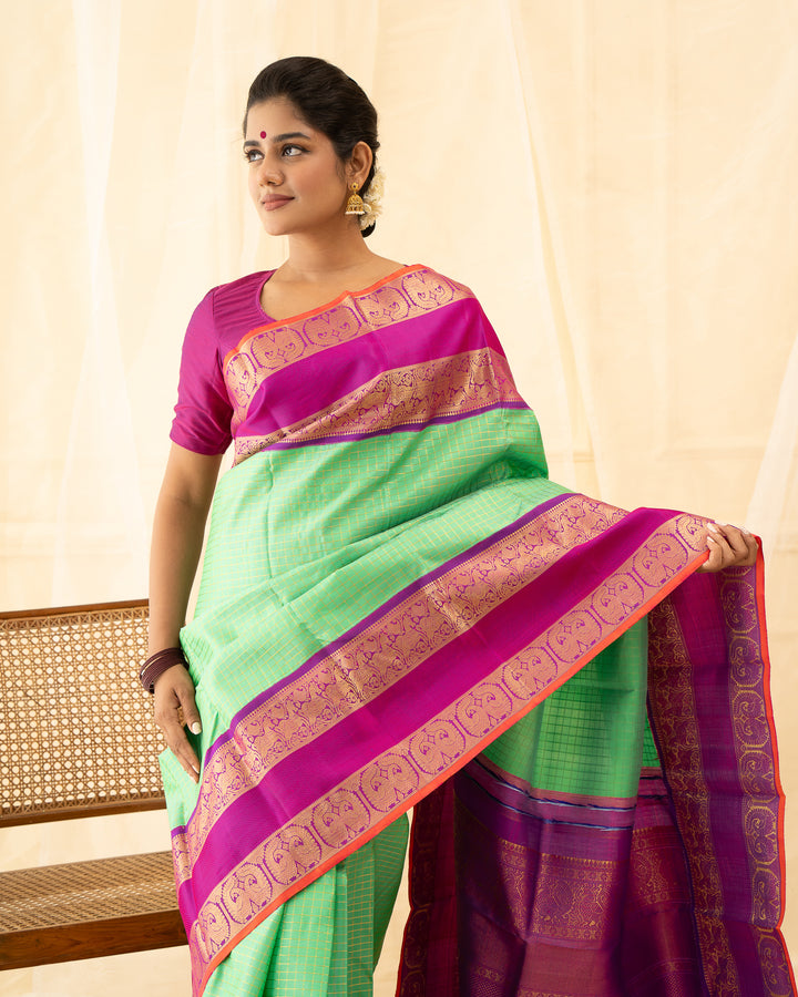 Cyan Green Pure Zari Checks Kanchipuram Silk Saree - Clio Silks