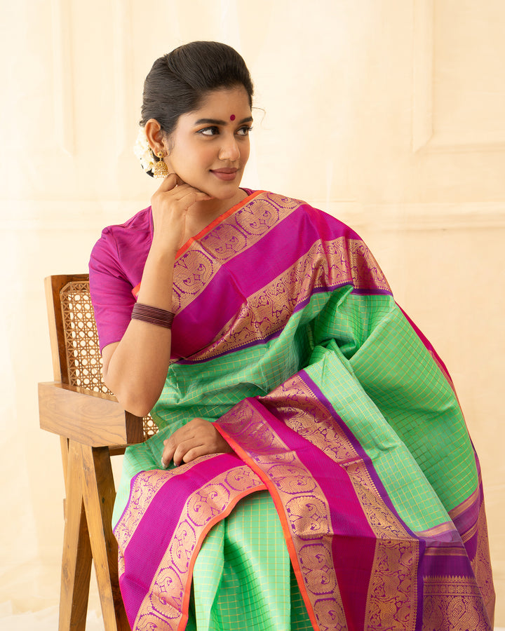 Cyan Green Pure Zari Checks Kanchipuram Silk Saree - Clio Silks