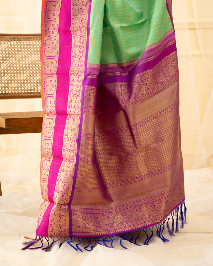 Cyan Green Pure Zari Checks Kanchipuram Silk Saree - Clio Silks
