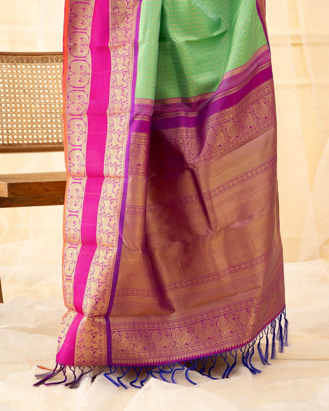 Cyan Green Pure Zari Checks Kanchipuram Silk Saree - Clio Silks