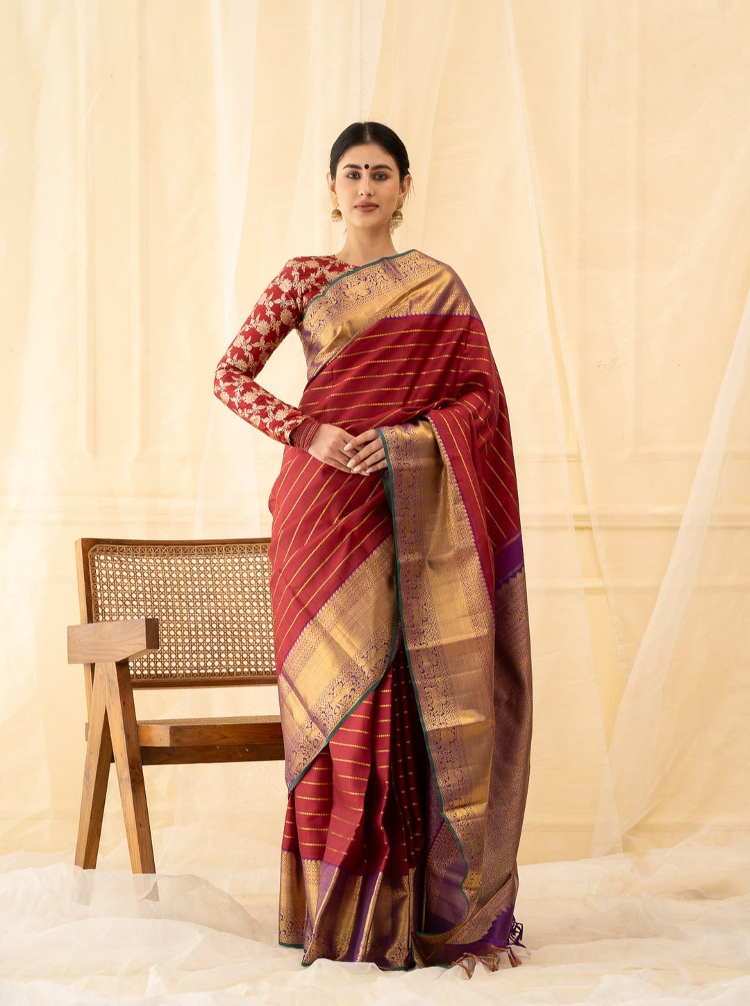 Maroon Stripes Pure Kanchipuram Silk Saree - Clio Silks