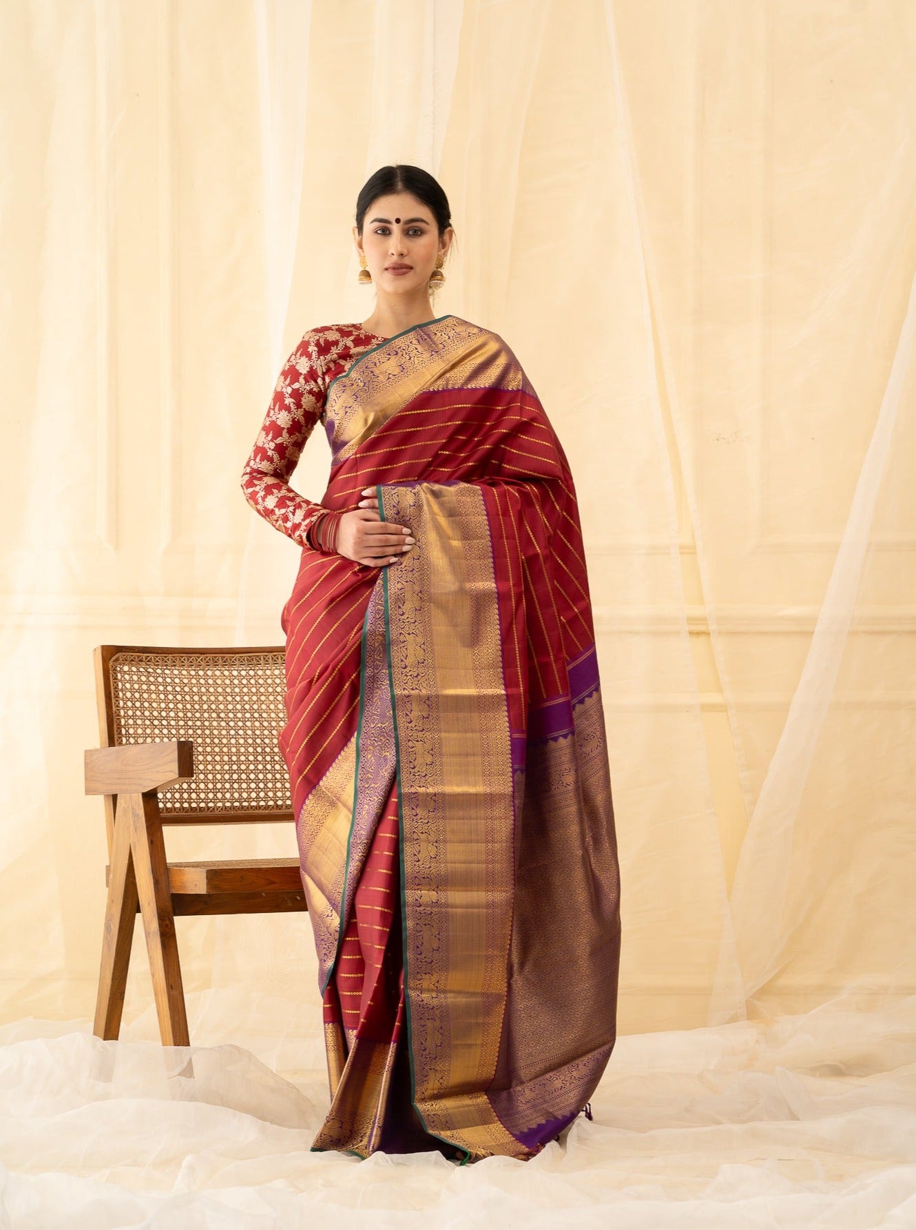 Maroon Stripes Pure Kanchipuram Silk Saree - Clio Silks