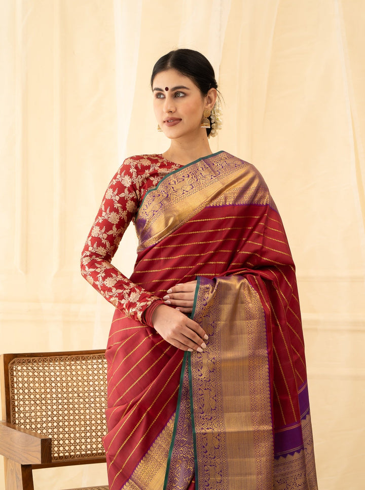 Maroon Stripes Pure Kanchipuram Silk Saree - Clio Silks