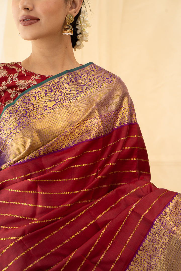 Maroon Stripes Pure Kanchipuram Silk Saree - Clio Silks