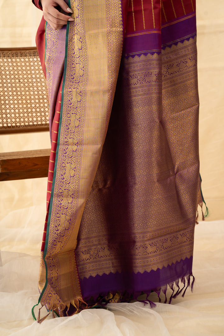 Maroon Stripes Pure Kanchipuram Silk Saree - Clio Silks