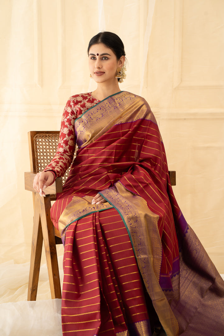 Maroon Stripes Pure Kanchipuram Silk Saree - Clio Silks
