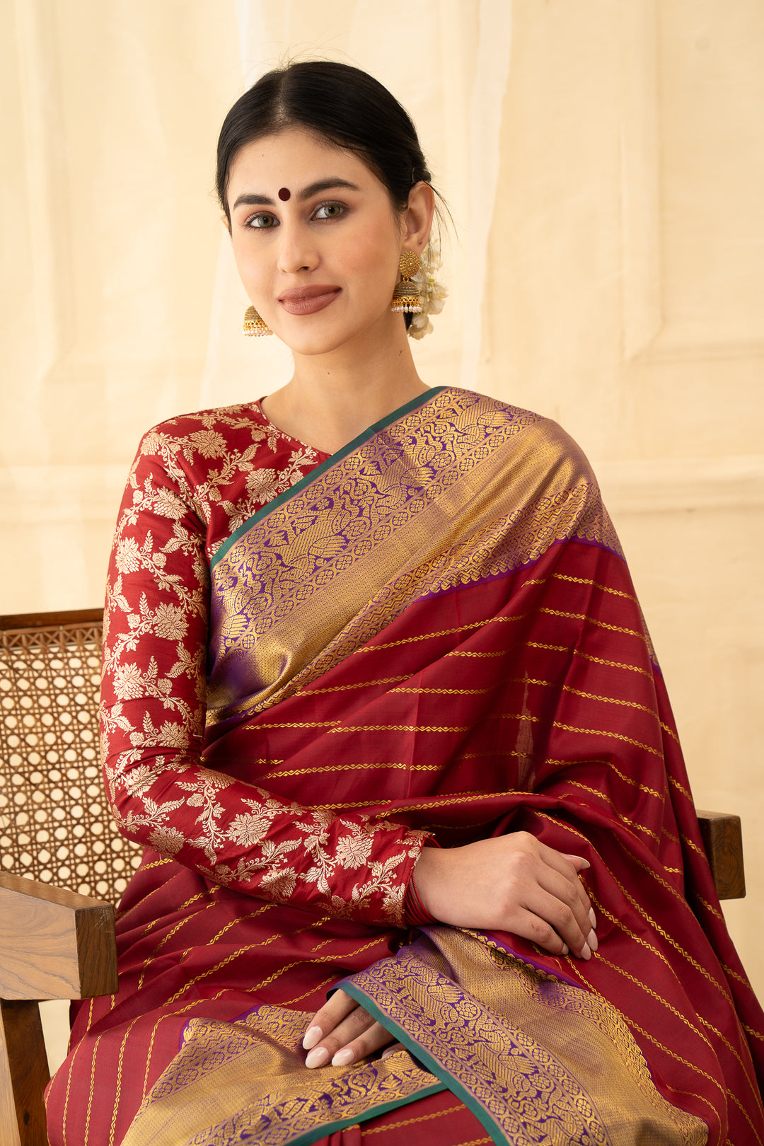 Maroon Stripes Pure Kanchipuram Silk Saree - Clio Silks