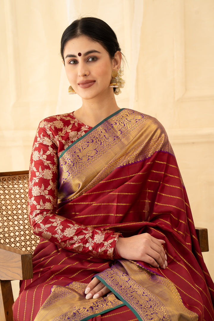 Maroon Stripes Pure Kanchipuram Silk Saree - Clio Silks