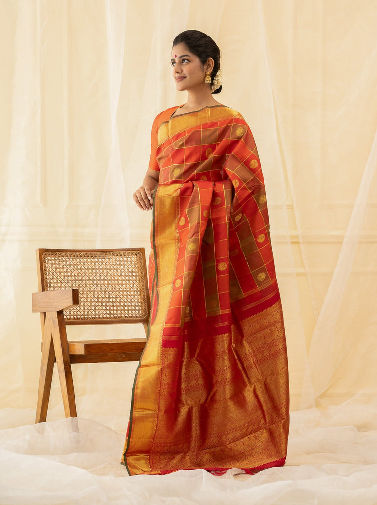 Discover the allure of tradition with our Paalum Pazhamum checked saree.  Adorned with peacock and chakra butta and completed wit… [Video] | Checks  saree, Saree, Silk sarees