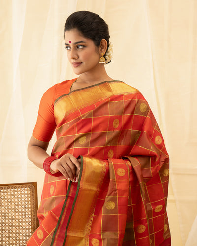 Red Palum Pazhamum Checks Pure Zari Kanchipuram Silk Saree - Clio Silks