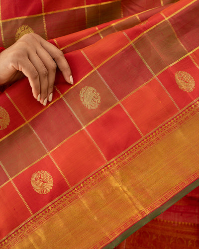 Red Palum Pazhamum Checks Pure Zari Kanchipuram Silk Saree - Clio Silks