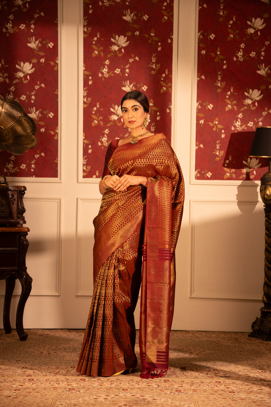 Rust maroon pure zari brocade Kanchipuram silk saree