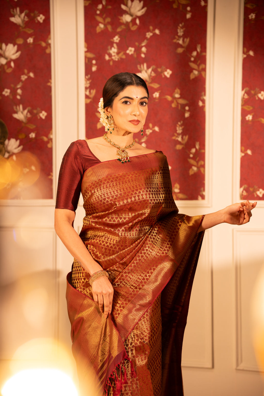 Rust maroon pure zari brocade Kanchipuram silk saree
