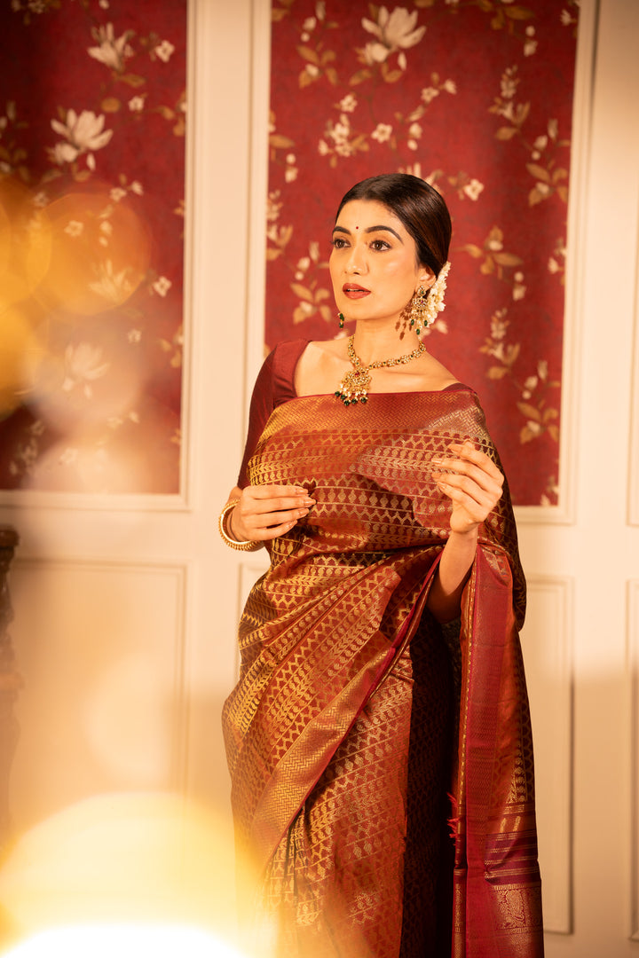 Rust maroon pure zari brocade Kanchipuram silk saree